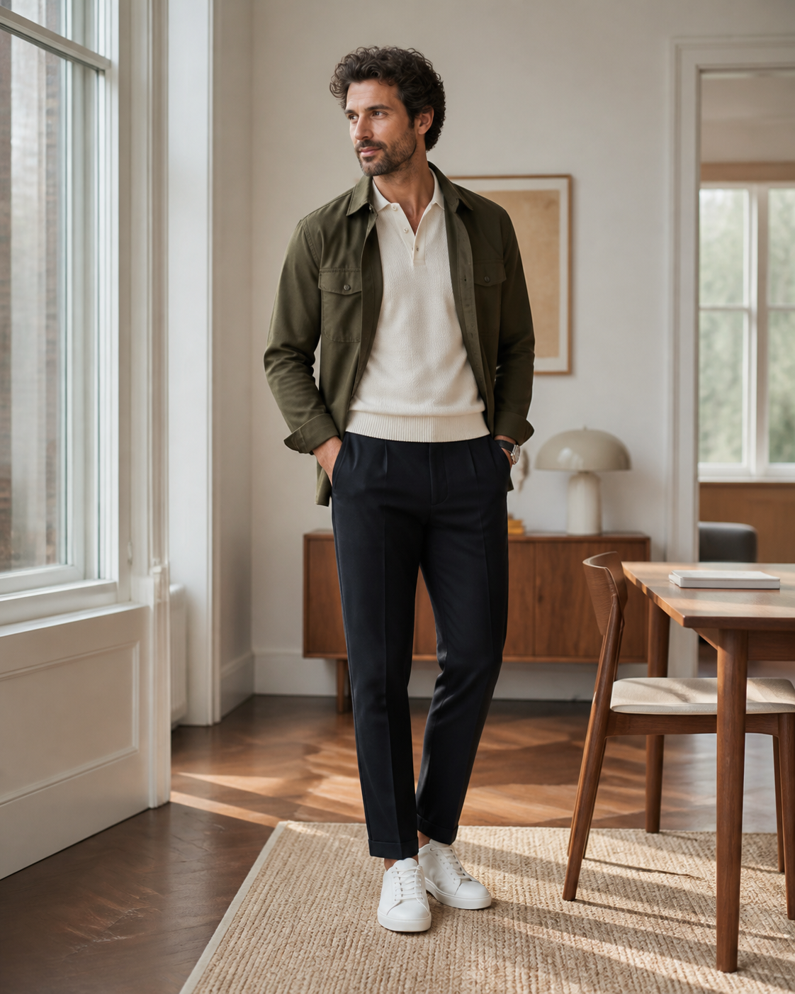 A man in a cream knit and olive overshirt