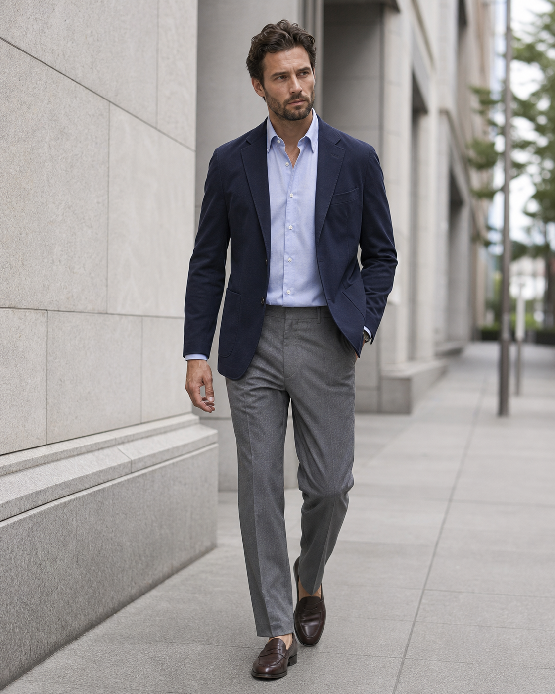 A man in a navy blazer and grey trousers